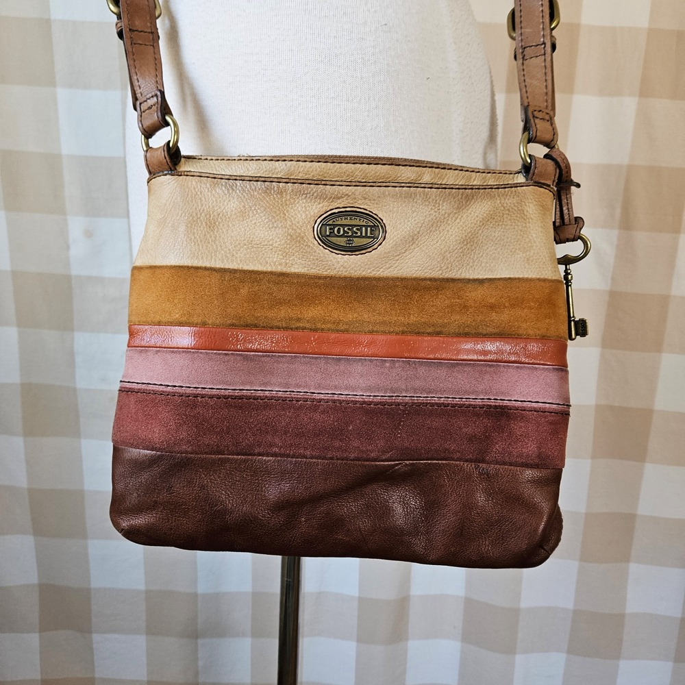 Fossil Striped Leather Suede Crossbody Bag Tan Brown Pink Key Charm‎